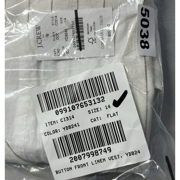 J Crew Striped Linen Lined Vest Womens 14 Ivory Camel Tailored Button Up V Neck - Picture 8 of 8